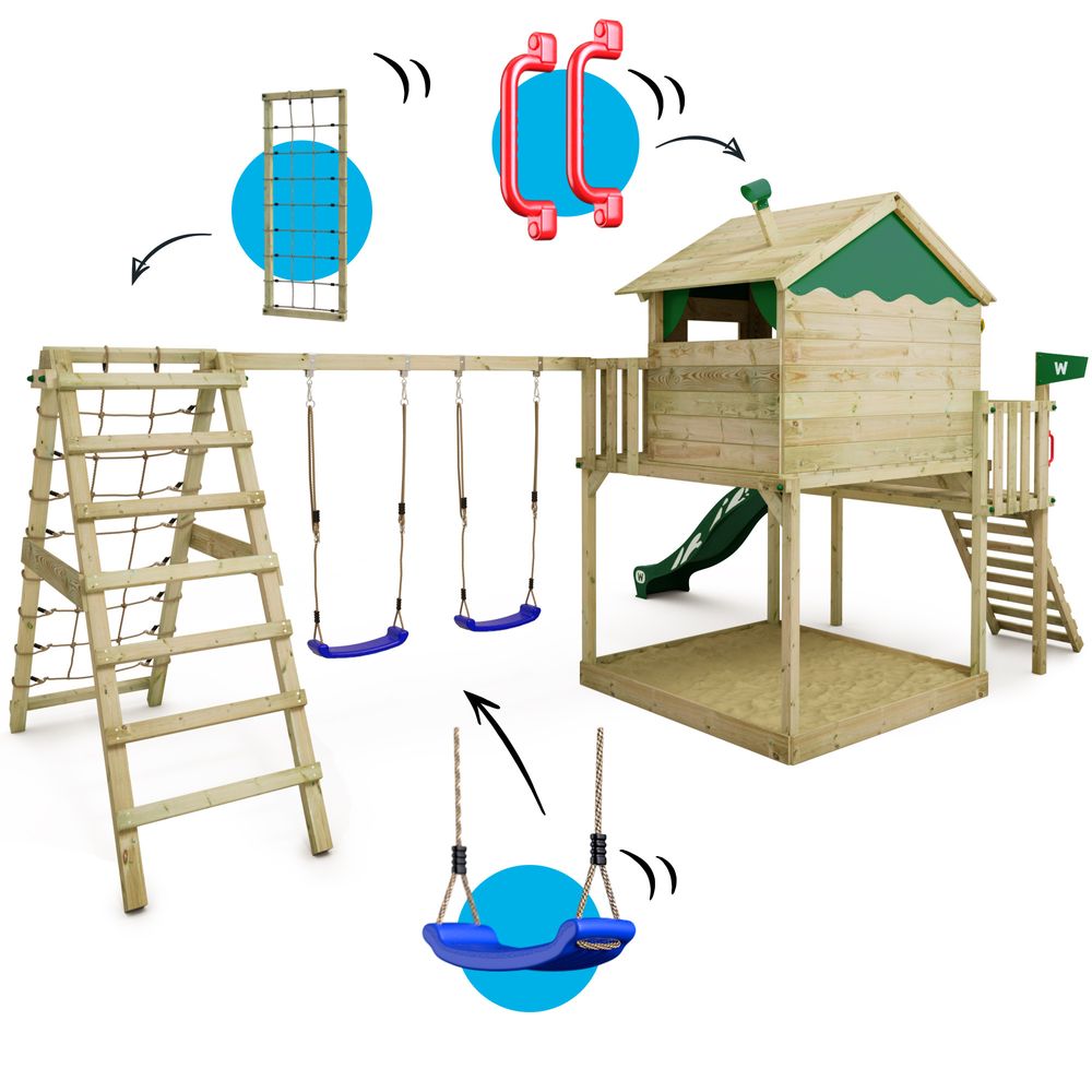 WICKEY Spielturm Klettergerüst Smart Ocean mit Schaukel & Rutsche, Stelzenhaus mit Sandkasten, Kletterleiter & Spiel-Zubehör - grün