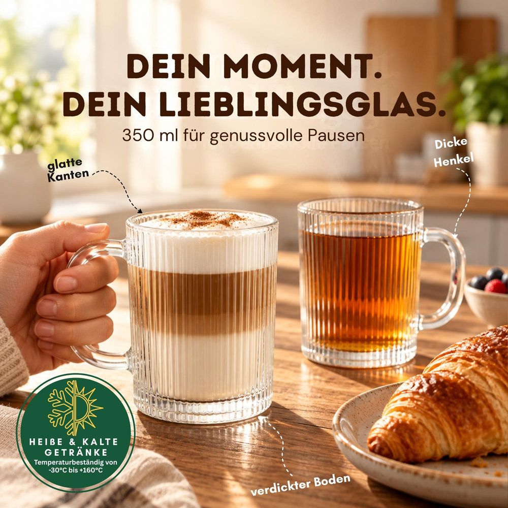Vienberg Glühwein-Gläser 6er Set 350 ml – Geriffelte Glastassen mit Henkel
