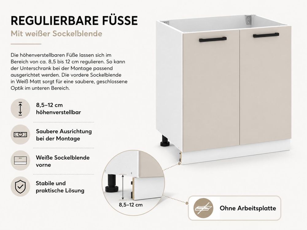 Küchenunterschrank mit regulierbaren Füßen und weißer Sockelblende