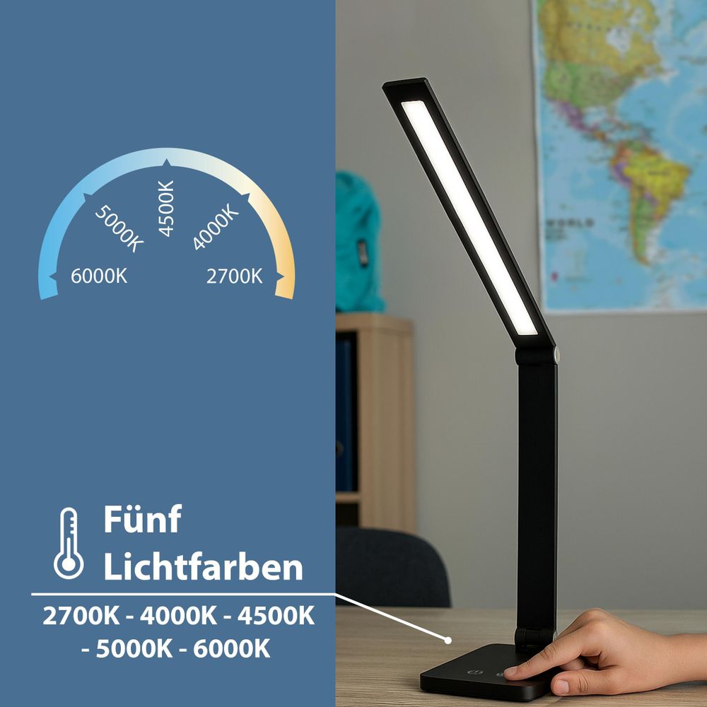 MasterLED LED Schreibtischlampe 7W Schwarz, Dimmbar per Touch, CCT 5 Lichtfarben, Augenschonende Lese- & Nachttischlampe mit USB