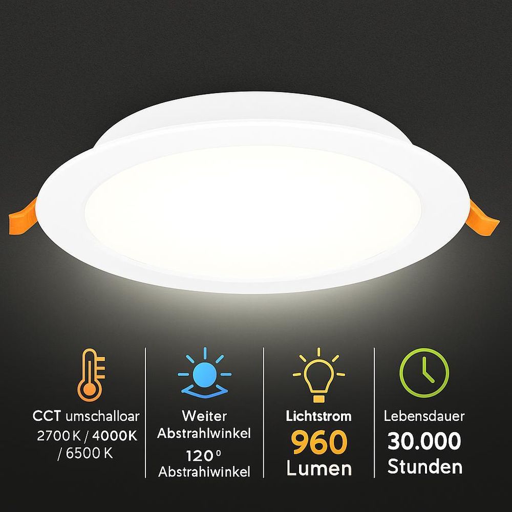 Rundes LED-Panel 12W, 960 Lumen, 3 Lichtfarben, 120° Winkel, 30.000 Std. Lebensdauer.