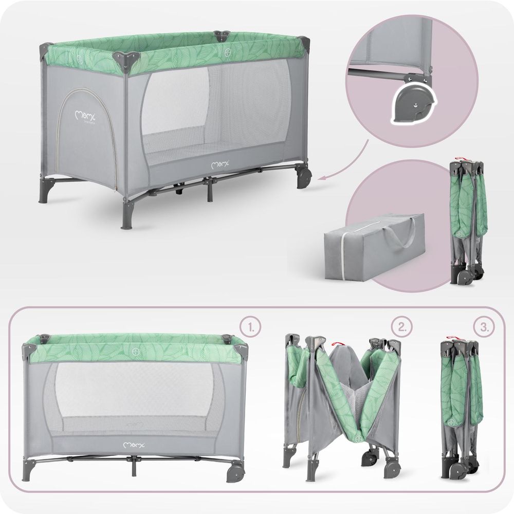 MoMi BELOVE – Baby Reisebett klappbar mit Matratze, Seiteneingang & Rädern, Sicherheitsverriegelung, Tragetasche inklusive – Jadegrün