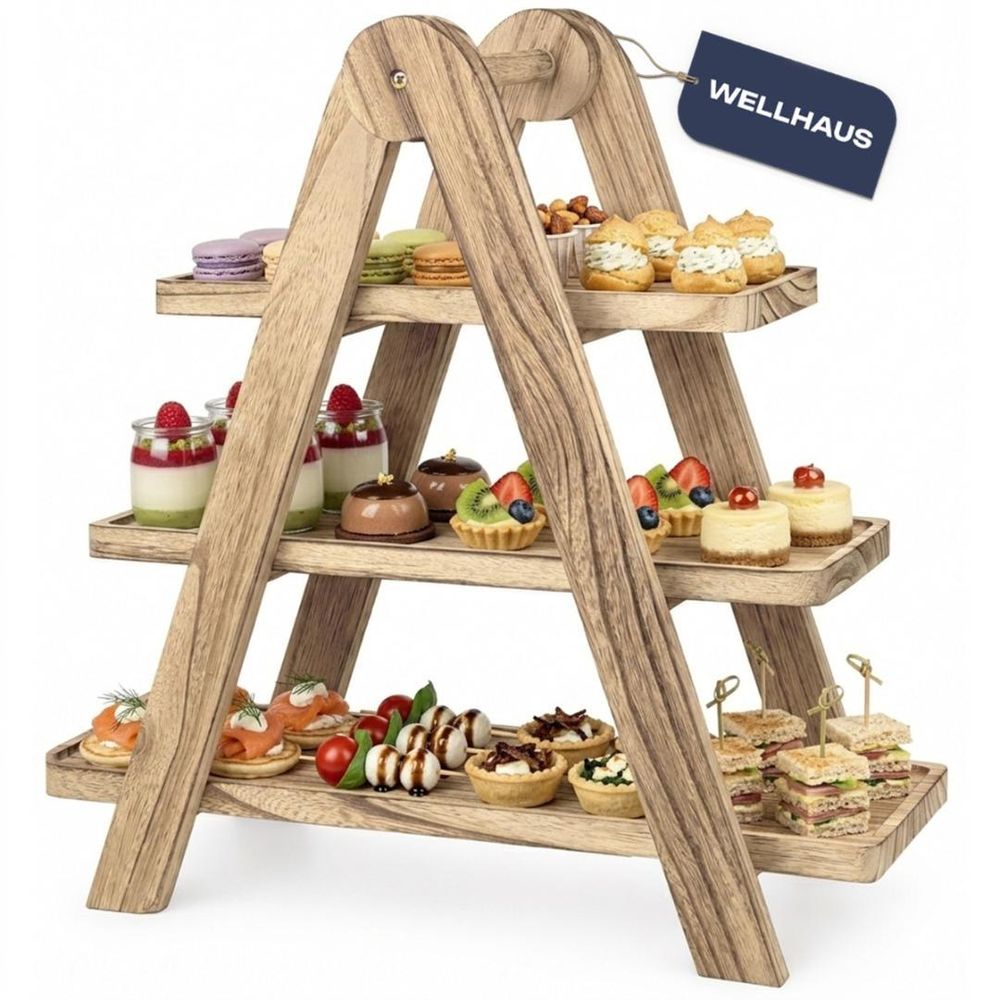 WELLHAUS 3-stufige Etagere Holz Servierplatte Snackständer
