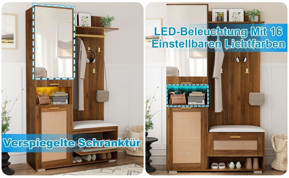 okwish Flurschrank Kleiderschrank mit Spiegel und Schuhschrank,Wandgarderobe mit Stauraumfach und LED-Beleuchtung,Nussbaum