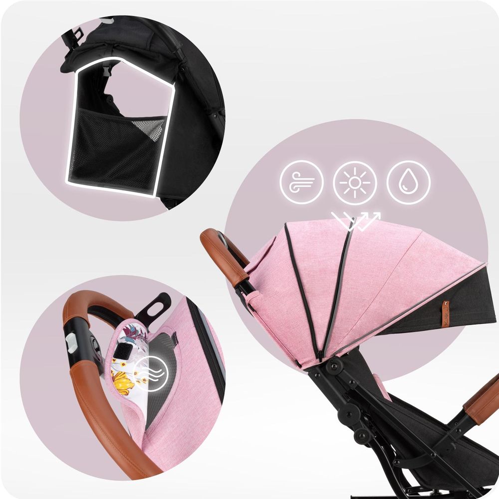MoMi ESTELLE – Ultraleichter Baby Kompaktbuggy 7,7 kg mit Einhand-Faltung, Trolley-Funktion & Liegeposition, ideal für Reisen – Rosa/Schwarz