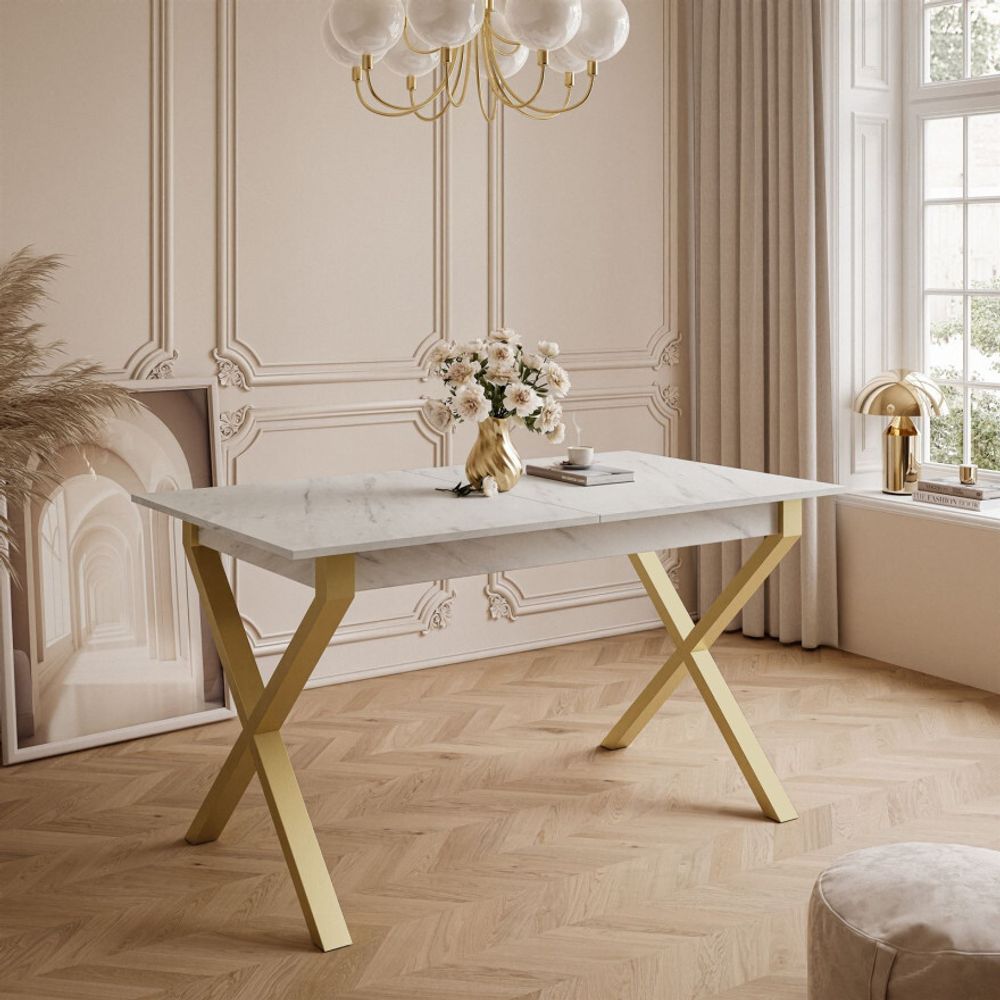 ARTON GOLD II 140 cm ausklappbarer Tisch Marmor Levanto- Metallbeine X