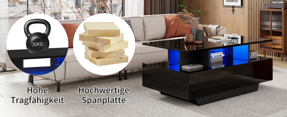 okwish Hochglanz-Couchtisch Beistelltisch mit LED-Beleuchtung und 2 Schubladen,Sofatisch mit Stauraum,Belastbar bis 30 kg,Schwarz