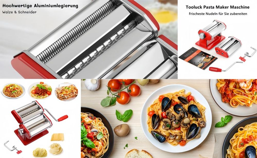 3in1 Edelstahl Nudelmaschine Pasta Maker mit 2 Klingen und 9 Einstellbare Dicke, Nudelschneider, Frische Manuelle Pasta Walze Maschine, Rot
