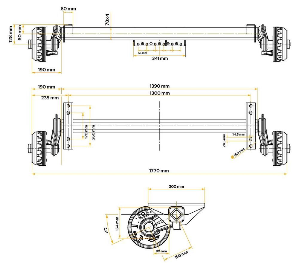 KNOTT brzděná náprava VGB13-M 1350 kg 1300 mm pro těžké přívěsy