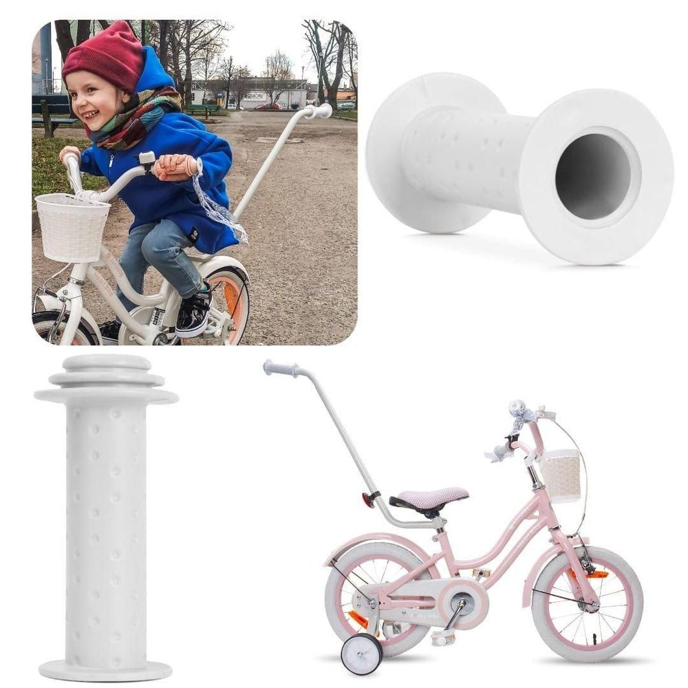Kind mit Schiebestange und Fahrrad, mehrere Ansichten des weißen Griffs