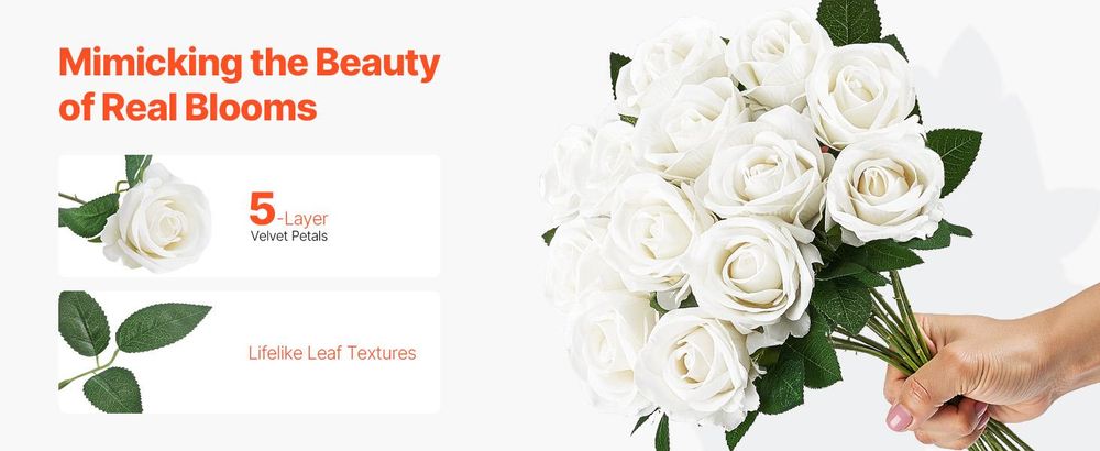 VEVOR Kunstblumen, 500 Stück Realistisch Aussehende Rote Schaumstoff Fake Rosen Großpackung, Künstliche Rote Brautdusche mit Stielen für DIY Hochzeitssträuße, Heim-Centerpieces Arrangements, Partytischdekorationen, 60 Stück, Weiß-a
