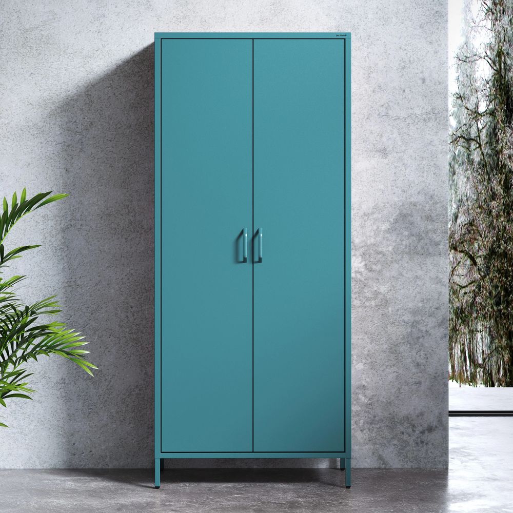 Jan Nowak Kleiderschrank 2 Türig, Metallschrank Glitzernd - Flavio | Ablagen, Kleiderstange, Magnetverschluss | 80 x 185 x 45 cm | Marine