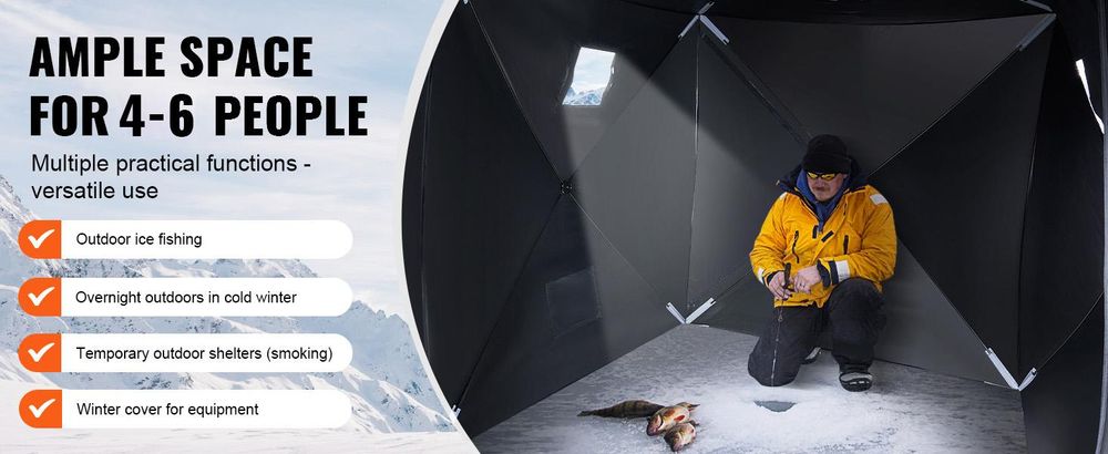 VEVOR Tragbarer Eisunterstand, isoliertes Pop-Up-Zelt zum Eisfischen für 6–8 Personen, 46,6 Quadratmeter befischbare Fläche, thermische Eishütte zum Winterfischen, Eiswürfel, 330 x 330 cm