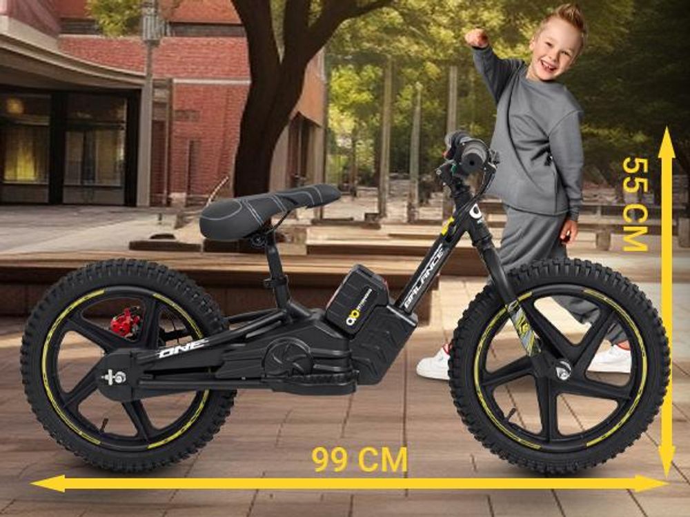 Actionbikes Motors Kinder Balance Bike 12 Zoll | Elektrofahrrad - Elektrofahrzeug - Fahrrad - 250 Watt - Scheibenbremsen - ab 3 Jahren (Schwarz/Gelb)