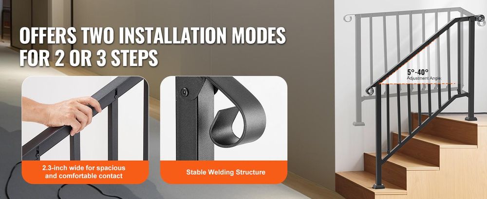 VEVOR Außenhandläufe für 3–4 Stufen, stabiles Treppengeländer-Set Kohlenstoffstahl mit Montagezubehör, ideal für Senioren, geeignet für Betonstufen, Veranden und Terrassen, schwarzes Retro-Design