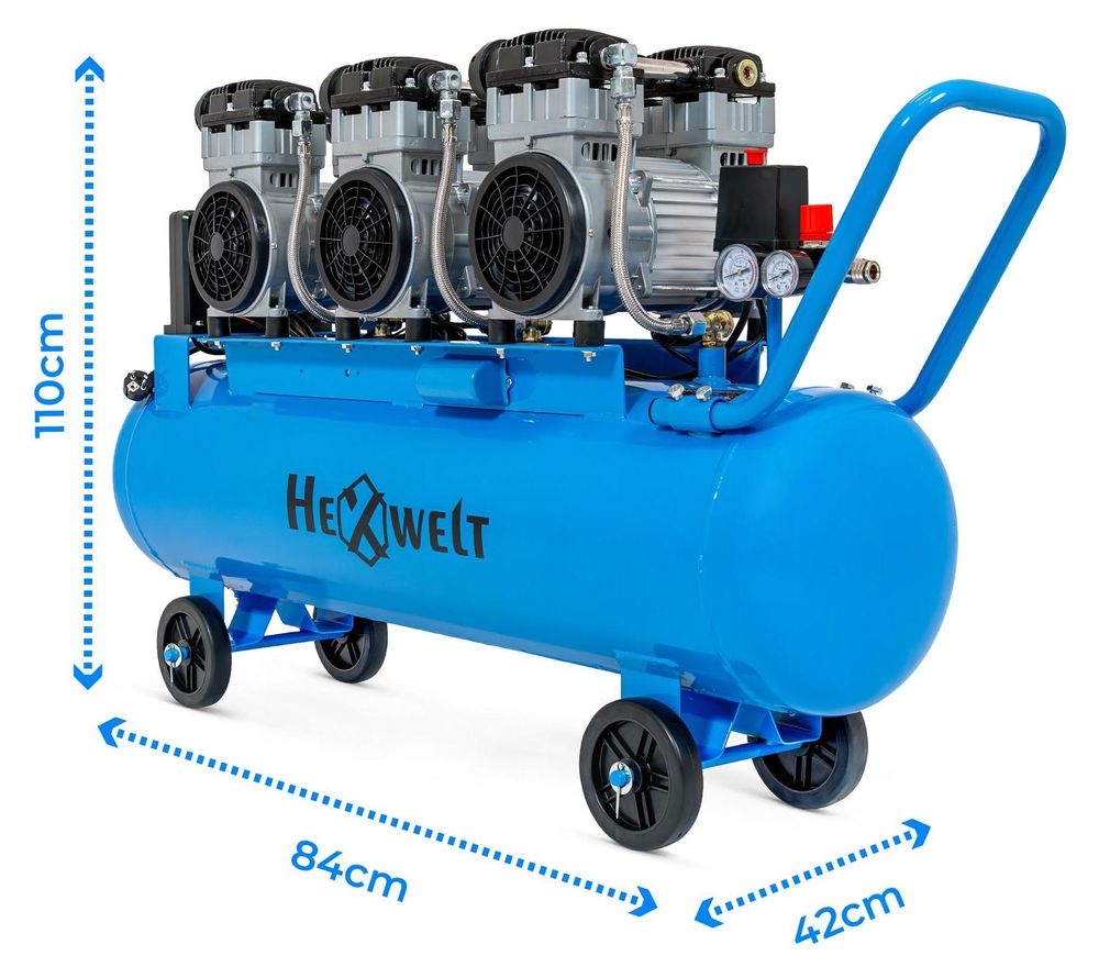 Compresseur sans huile HW-KBO-6T-100L - 100 L, 6 cylindres, 576 l/min, 8 bar, 3,3 kW, 230 V, cylindres en fonte, mobile pour atelier et industrie