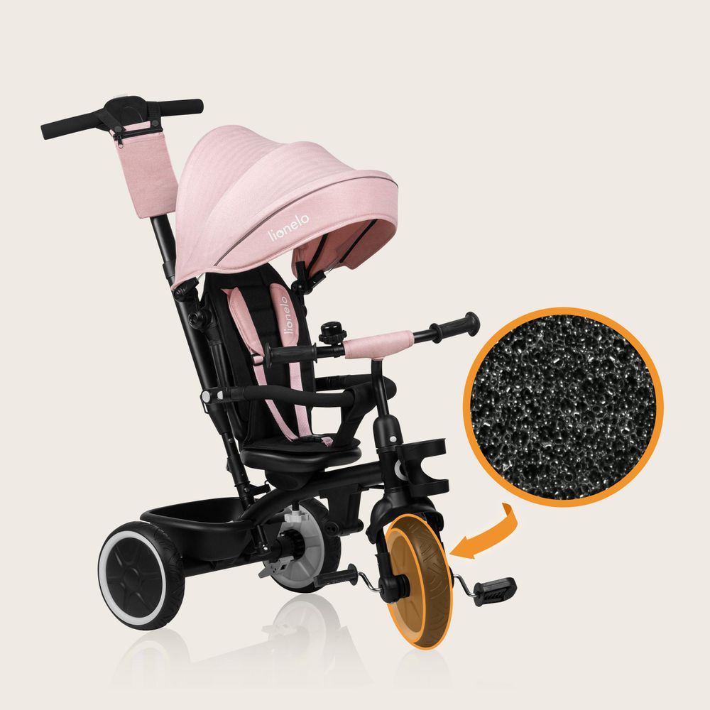 Multifunktionales Dreirad und Kinderwagen Lionelo Berry von 9 Monaten bis 5 Jahren bis zu 25 kg Große PolyurethanRäder, Dreirad-Drehsitz 360° Rosa