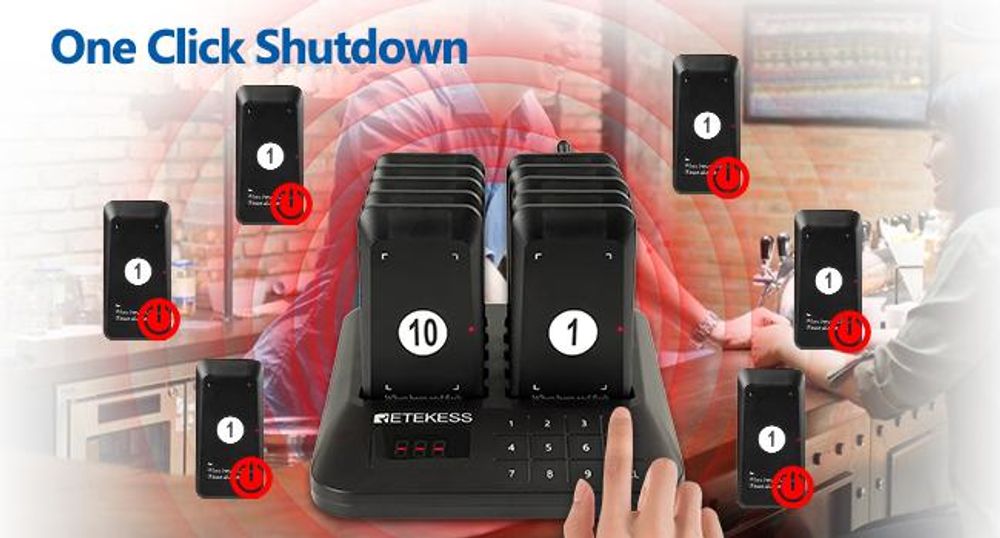 Retekess TD157S pager v restauraci , bezdrátový volací systém s 10 pagery, 400m, 200mAh, 2 režimy volání, kompatibilní s TD157,pro food trucky