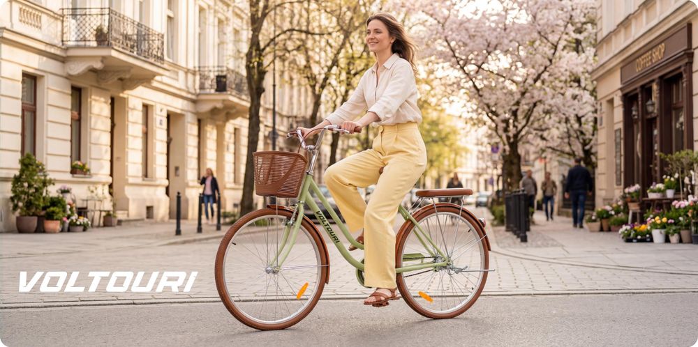 Vélo de Ville Femme 28 Pouces Retro VOLTOURI Panier Porte-Bagages Cadre Acier 17"