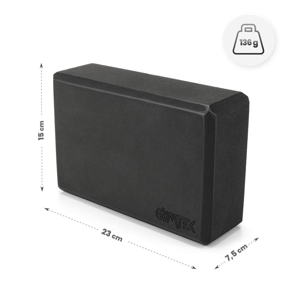 Schwarzer GYMTEK Yogablock mit Maßen: 23x15x7,5 cm und 136g