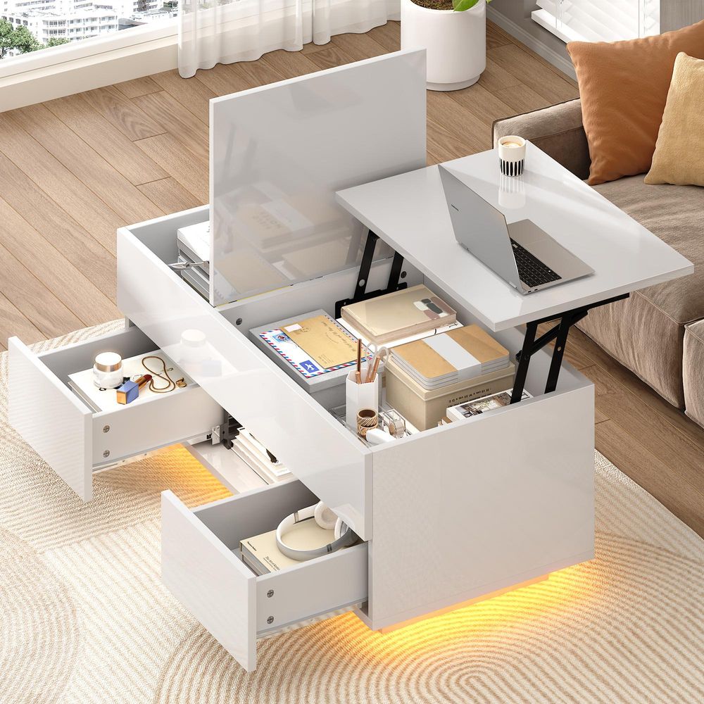 Merax Couchtisch Hochglanz mit LED, höhenverstellbare Sofatisch mit 2 Schubladen und Stauraum, Wohnzimmertisch mit klappbare Tischplatte, Weiß