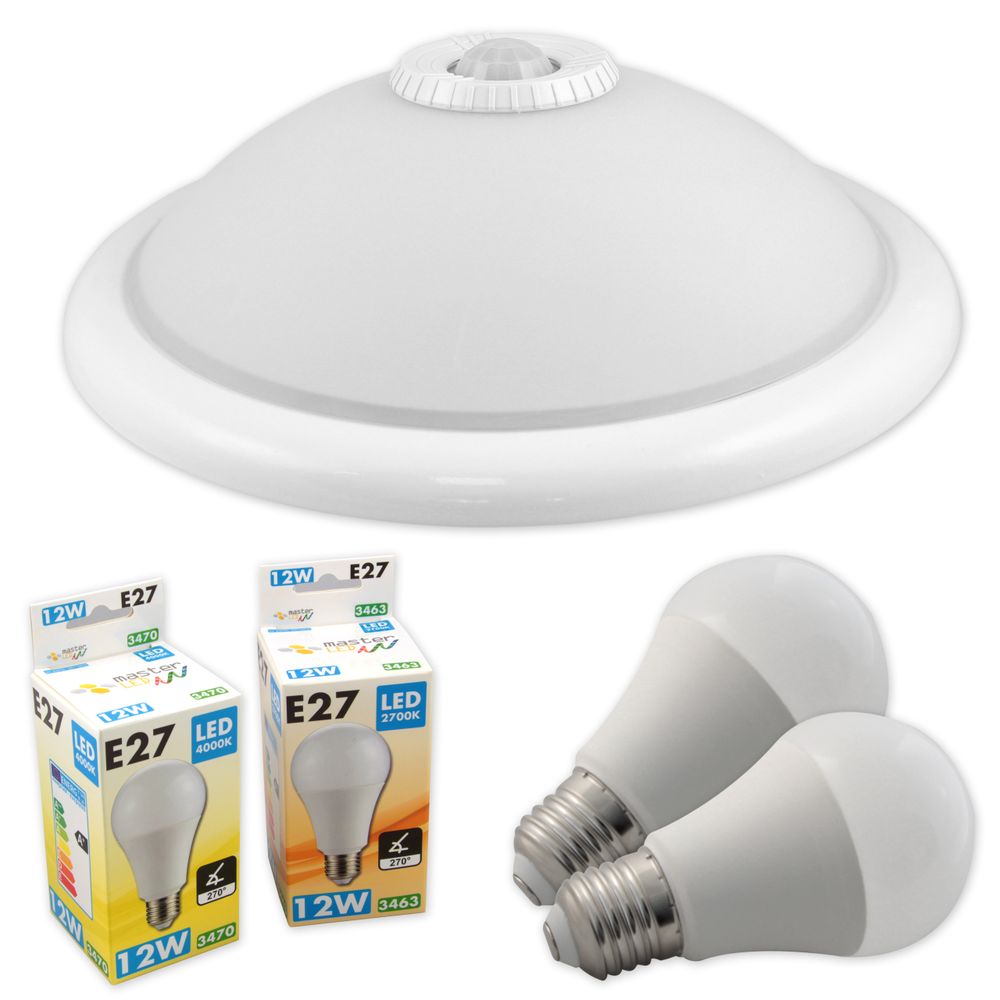 Deckenlampe mit PIR-Sensor und 2 E27-LEDs.