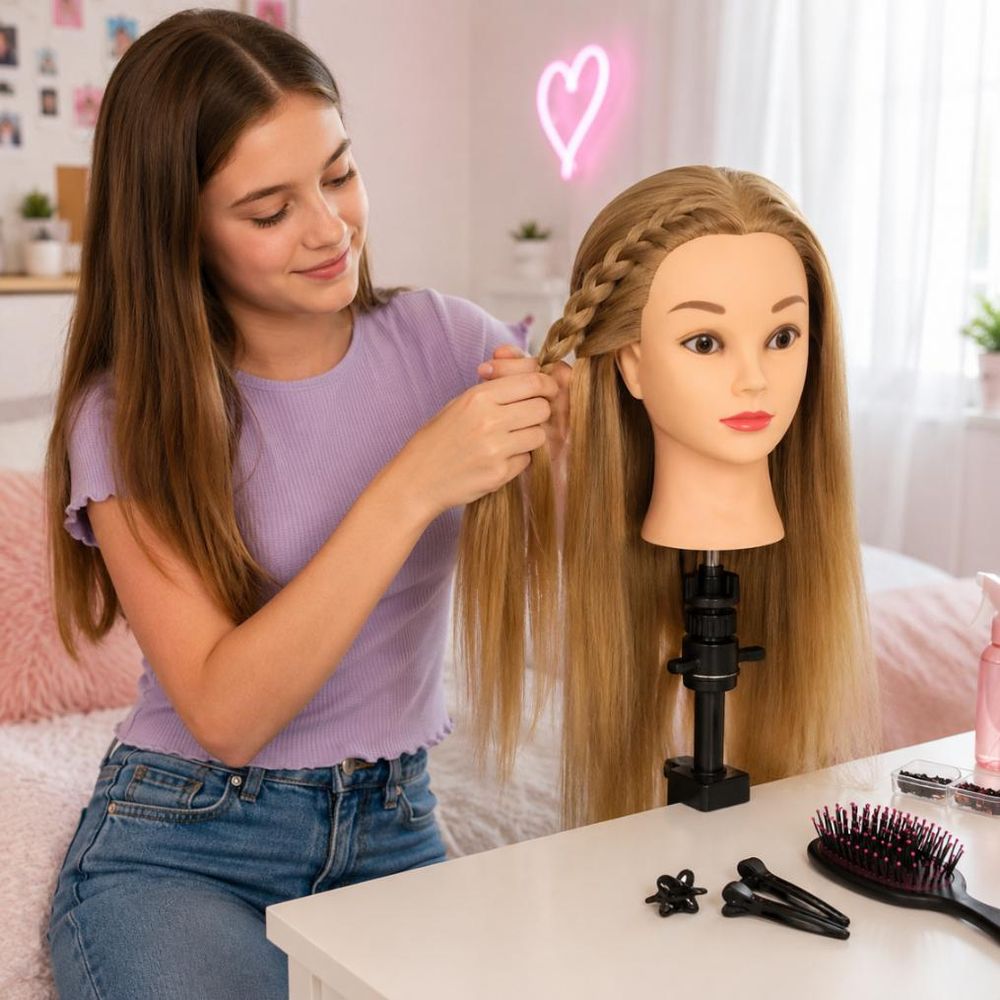 Tête à coiffer d'apprentissage 90 cm Iza cheveux thermiques + Trépied