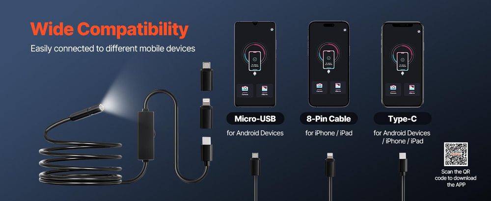 VEVOR Endoskopkamera mit Licht, 1920P HD-Endoskop für Android & iOS, Inspektionskamera mit 8 LED-Leuchten & 3 m langem Kabel, 2-facher Zoom