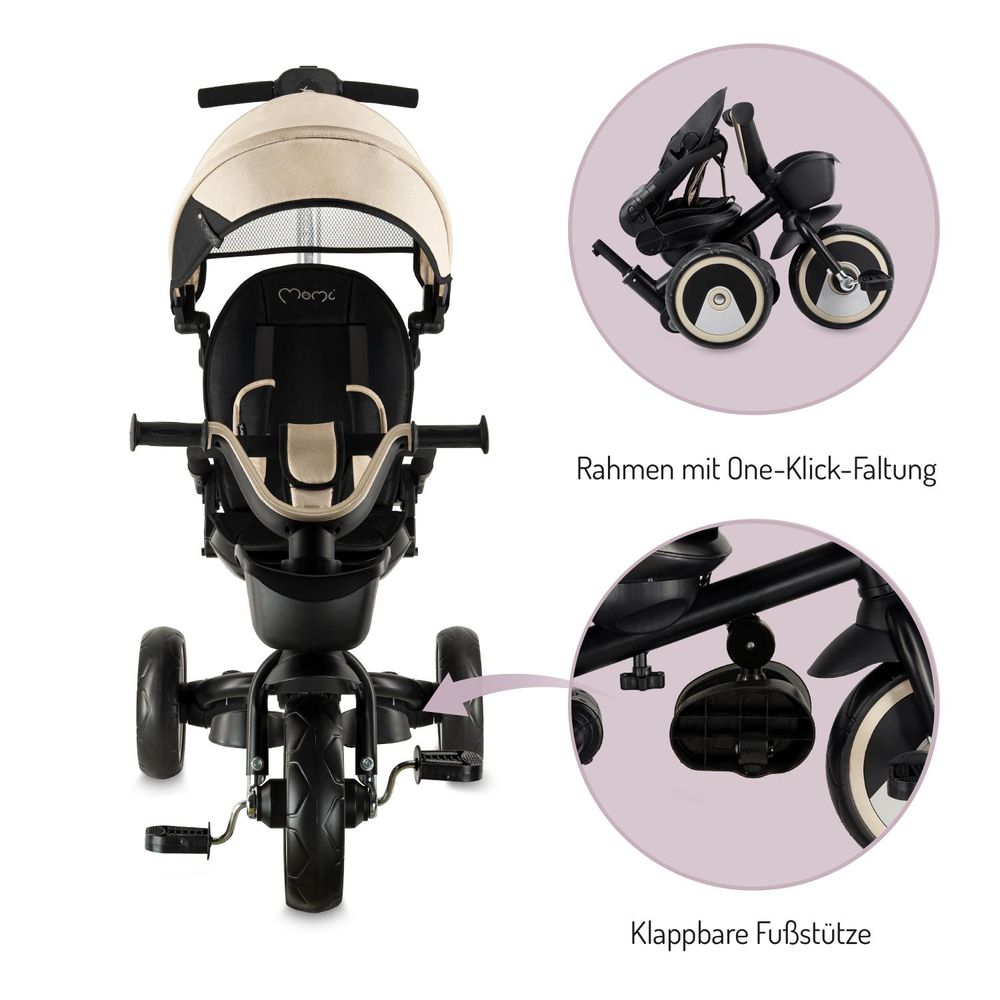MoMi IVI Kinderdreirad 3-in-1 Beige – 360° drehbarer Sitz, 3-Punkt-Gurt, höhenverstellbare Schiebestange, Sonnendach, PolyurethanRäder, Frontkorb – ab 9 Monaten