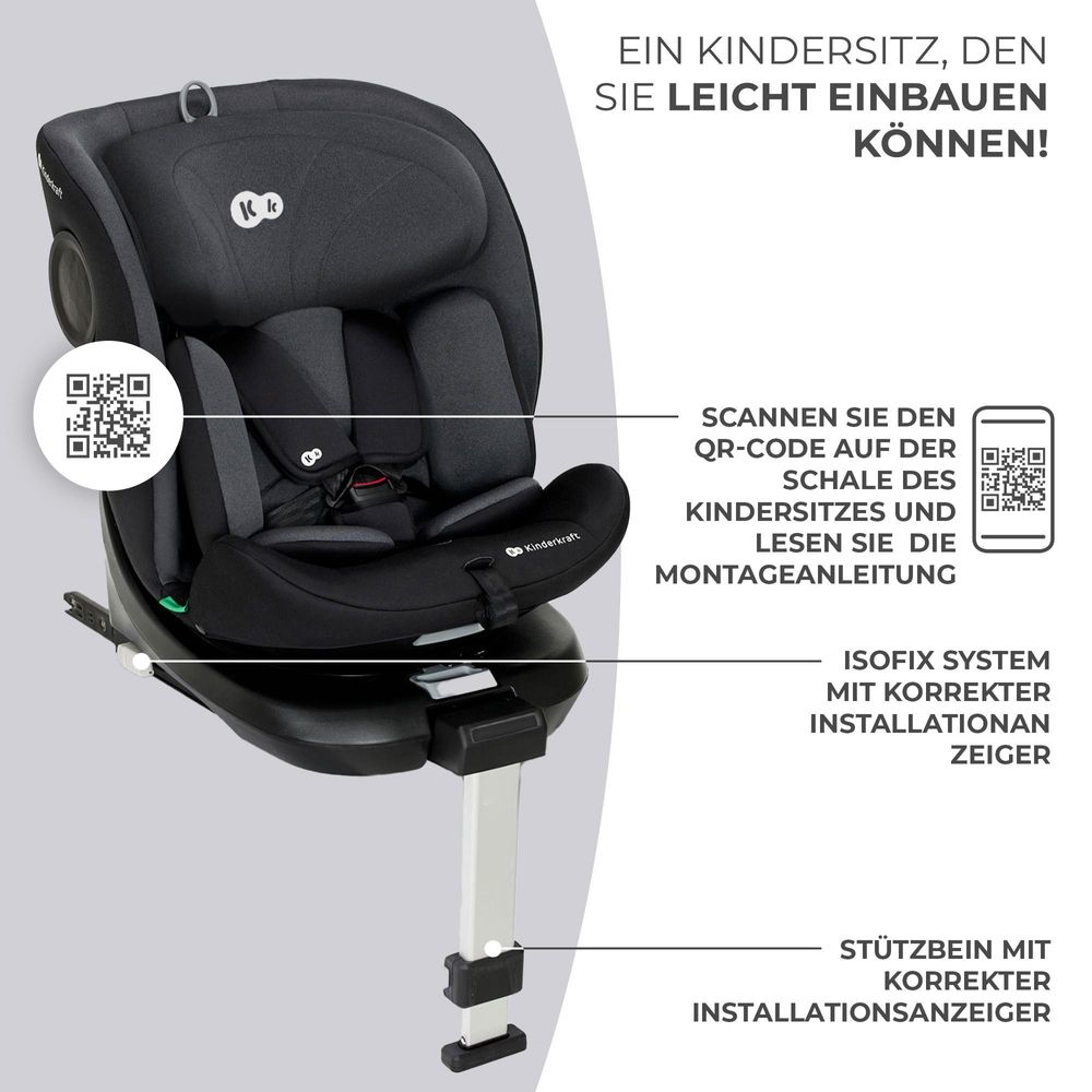 Kinderkraft I-360 i-Size - Kindersitz 40-150 cm - 360° Drehung - RWF/FWF - H-GUARD System - SPS+ - 5-Punkt-Gurt - ISOFIX - Stützbein - Schwarz