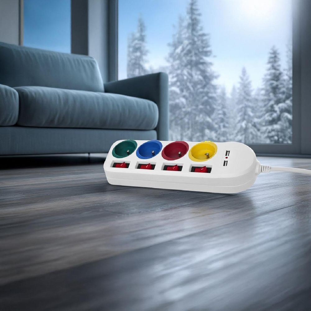 Maclean Steckdosenleiste  4-Steckdosen-Verlängerungskabel + 2xUSB  mit Schalter  250VAC/10A  2 1A 5V  1 5m  weiß  MCE229 W