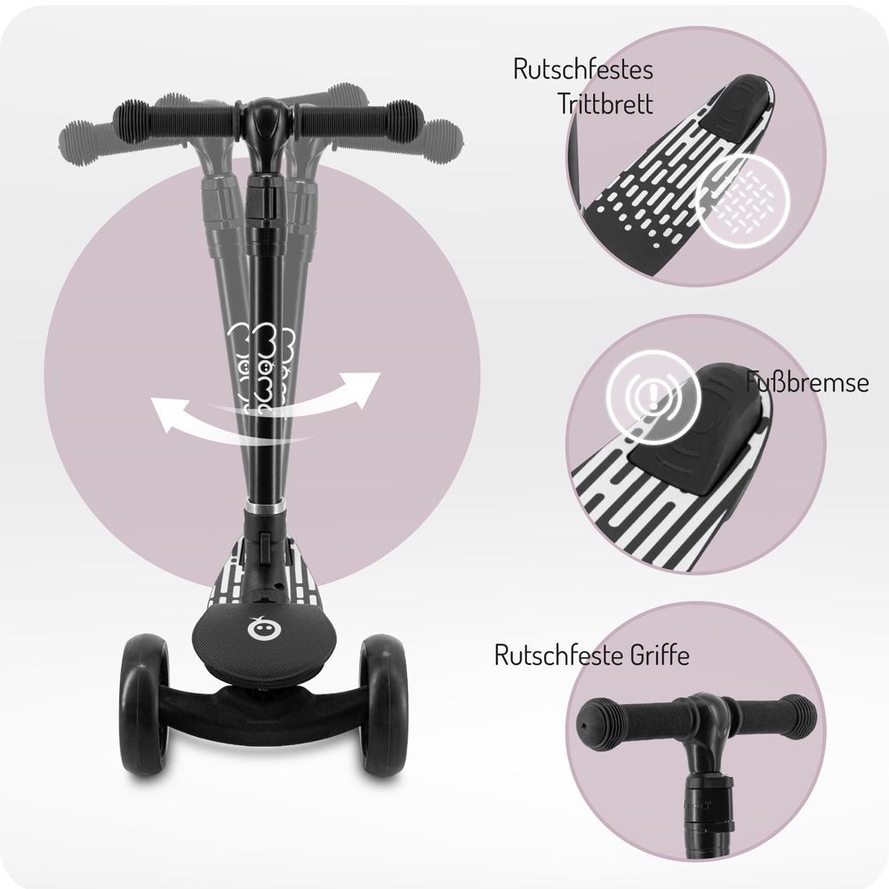 MoMi SAN 2-in-1 3-Rad-Kinderroller – höhenverstellbarer Lenker 60/66/72 cm, klappbar, LED-Räder, ABEC-7, Trittbremse, 2,7 kg