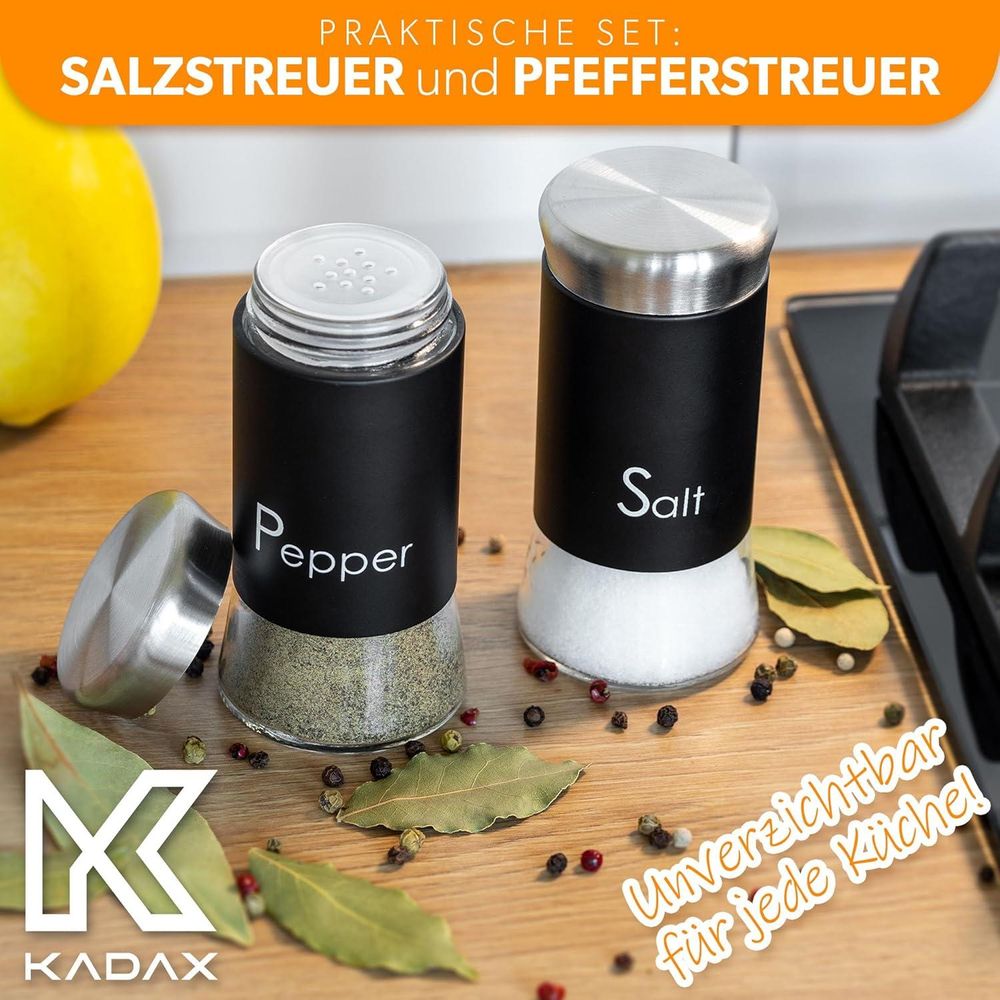 KADAX Salz-und Pfefferstreuer "Force", aus Glas und Edelstahl, Gewürzstreuer Set, Gewürzgläser, Schwarz, 150 ml
