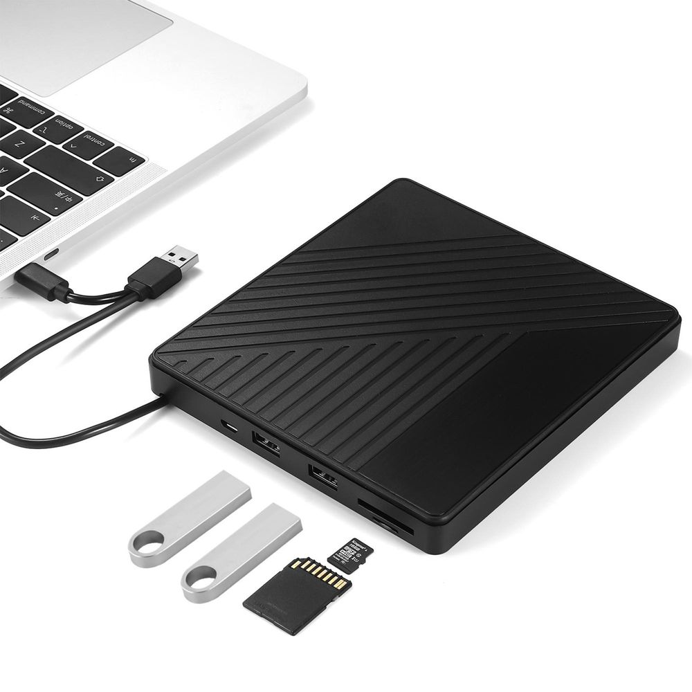 Externes DVD Brenner CD Laufwerk USB C und USB A mit SD Kartenleser und USB Hub 3.2 für Laptop PC MacBook Windows Linux Schwarz Reagle RCD5