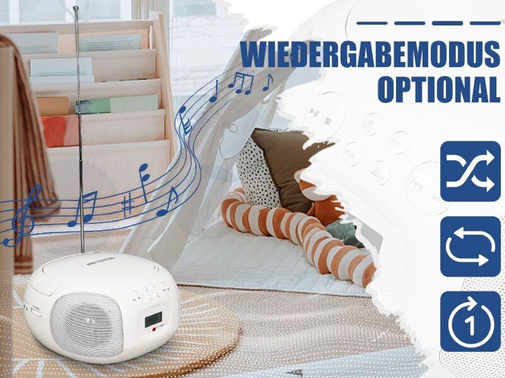 Retekess TR636 Tragbarer CD-Player, Boombox mit Bluetooth, FM Radio, USB,AUX-In,Sleep-Timer, Fernbedienung, Einfache Bedienung für Kinder und Ältere Menschen (Weiß)