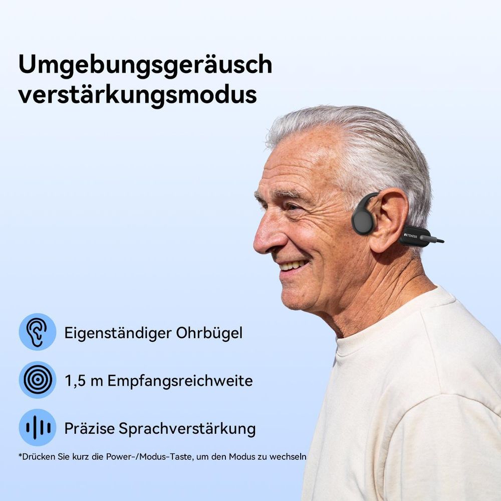 Retekess TT042 Knochenleitungskopfhörer, Hörhilfegerät, zwei Modi, 200 mAh, 6 Lautstärkestufen, Typ-C,Breite Kompatibilität, für Seniorenreisegruppen