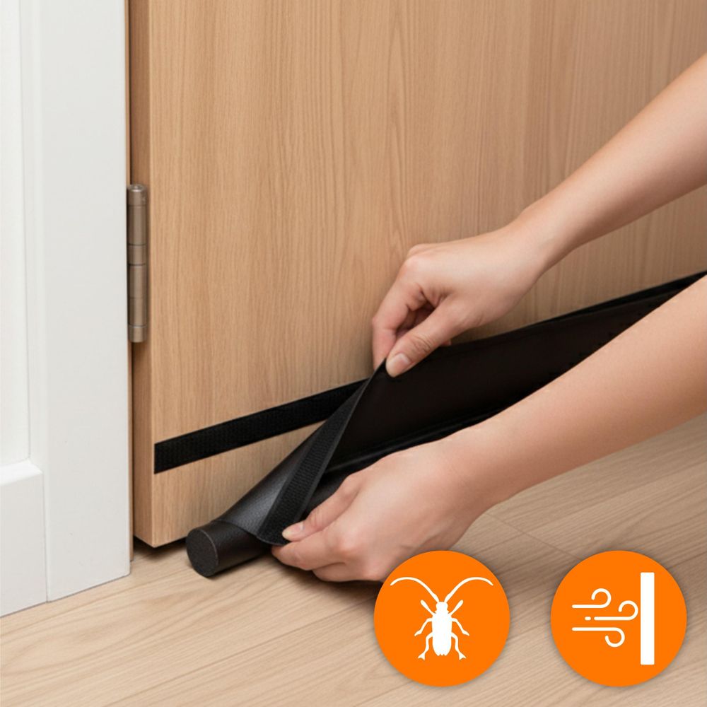Türdichtung 90cm Schwarz, Zugluftstopper mit Klettverschluss, Schallschutz & Insektenschutz, Schaumstoff Dichtung zuschneidbar, EVI HOME Single Black