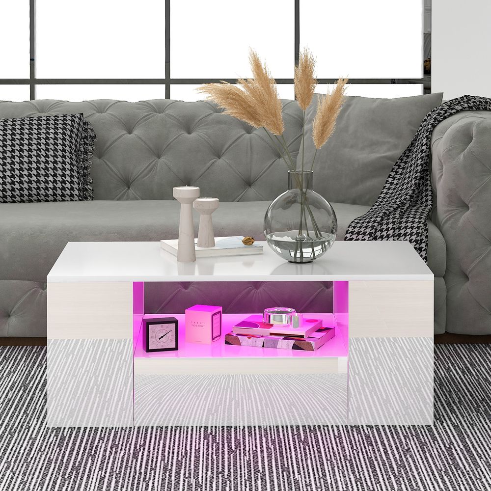 okwish Couchtisch Hochglanz-Beistelltisch,Moderner Wohnzimmertisch mit 2 Schubladen und 2 Ablagen, Möbel-Beistelltisch (95 x 53 x 37 cm) weiß
