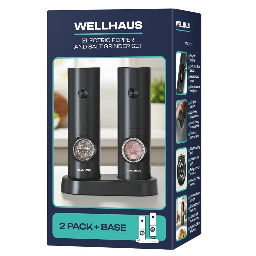 WELLHAUS Salz und Pfeffermühle Elektrisch - 2er Set Batteriebetriebenen Elektrische Mühle mit Basis Gewürzmühle & Salzmühle