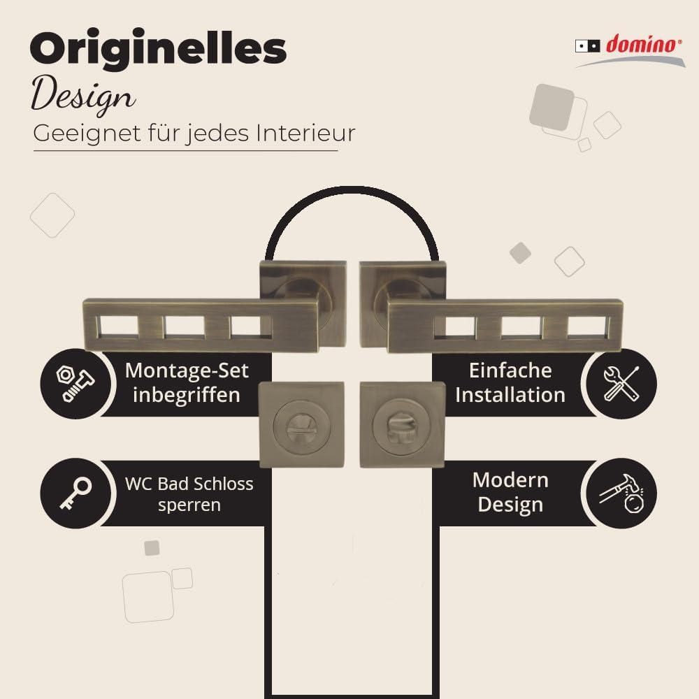 DOMINO Türgriff Drückergarnitur WC - Badezimmer Set | Vierkant-Rosette | Türbeschlag für Badezimmertüren | Set WC - Rosetten-Garnitur | Türklinke aus Aluminium | Bronze Türdrückergarnitur | TRE-QR M3