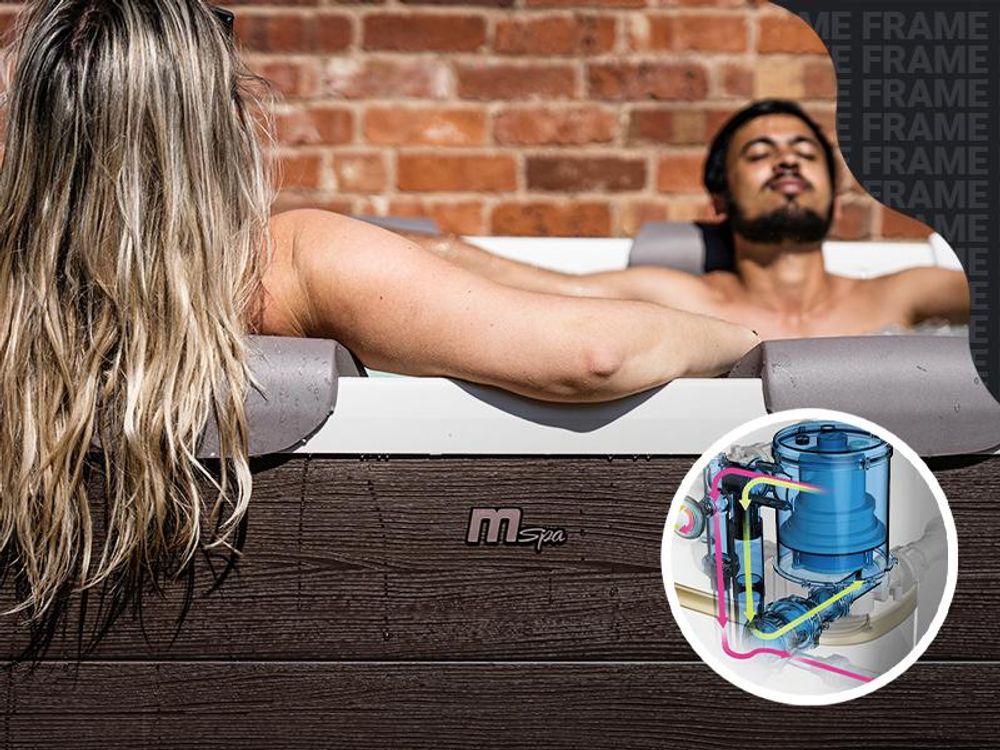 Miweba MSpa Outdoor Whirlpool Frame Tribeca | 6 Personen - App Steuerung - Holzoptik - Feste Außenwand - Jacuzzi - UVC+ - Winterfest - 160x160x65cm