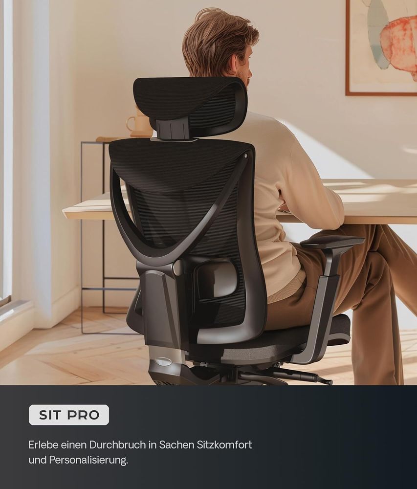 Desktronic Bürostuhl Ergonomisch SitPro, Verstellbarer, Schwarz, 3-Dimensional Armlehne, Integrierte 5-Wege-Lendenwirbelstütze