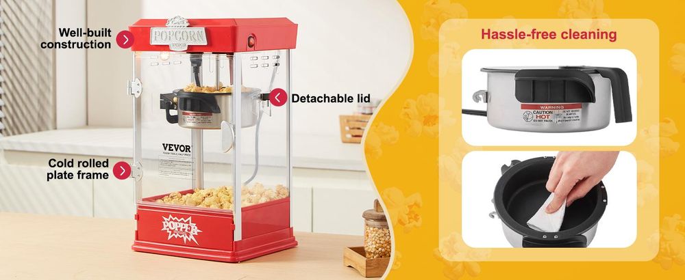 VEVOR Popcornmaschine, 850W Popcorn Popper, 8 Oz Kessel macht 48 Tassen pro Charge, Tisch-Popcornmaschine mit gehärtetem Glas, inklusive 4 Schaufeln, im Kino-Stil, Rot, Rot-b, 4oz-a