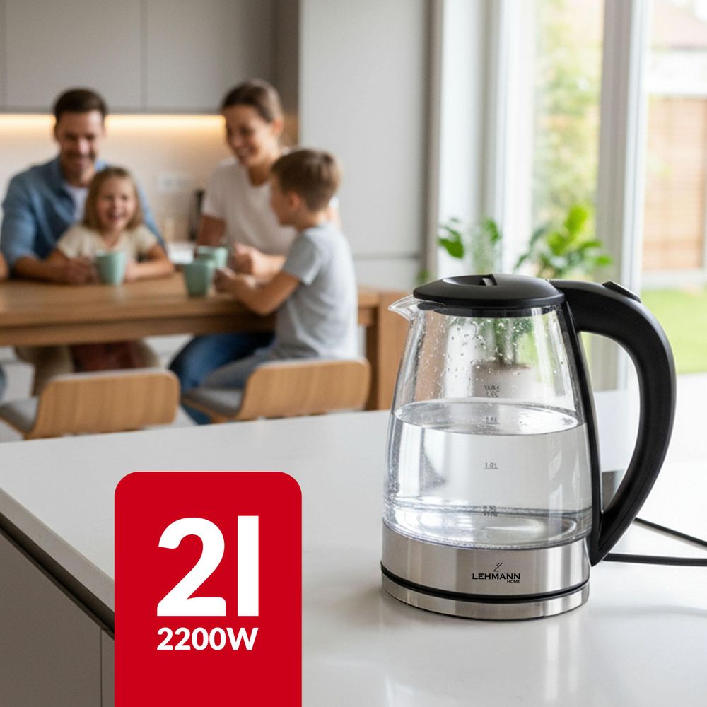 Szklany czajnik Lehmann 2L 2200W, czajnik elektryczny wykonany ze szkła z podświetleniem LED, automatycznym wyłącznikiem i zabezpieczeniem przed przegrzaniem