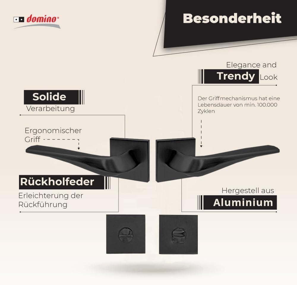 DOMINO Türgriff Drückergarnitur WC - Badezimmer Set | Tür-klinke für Zimmertür, Bürotür, Kellertür & Innentür | Aluminium | Schwarz | ADEL-QR BLACK |