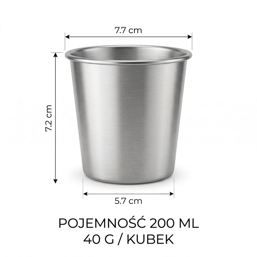 Wymiary kubka stalowego: wysokość 7,2 cm, średnica górna 7,7 cm i dolna 5,7 cm
