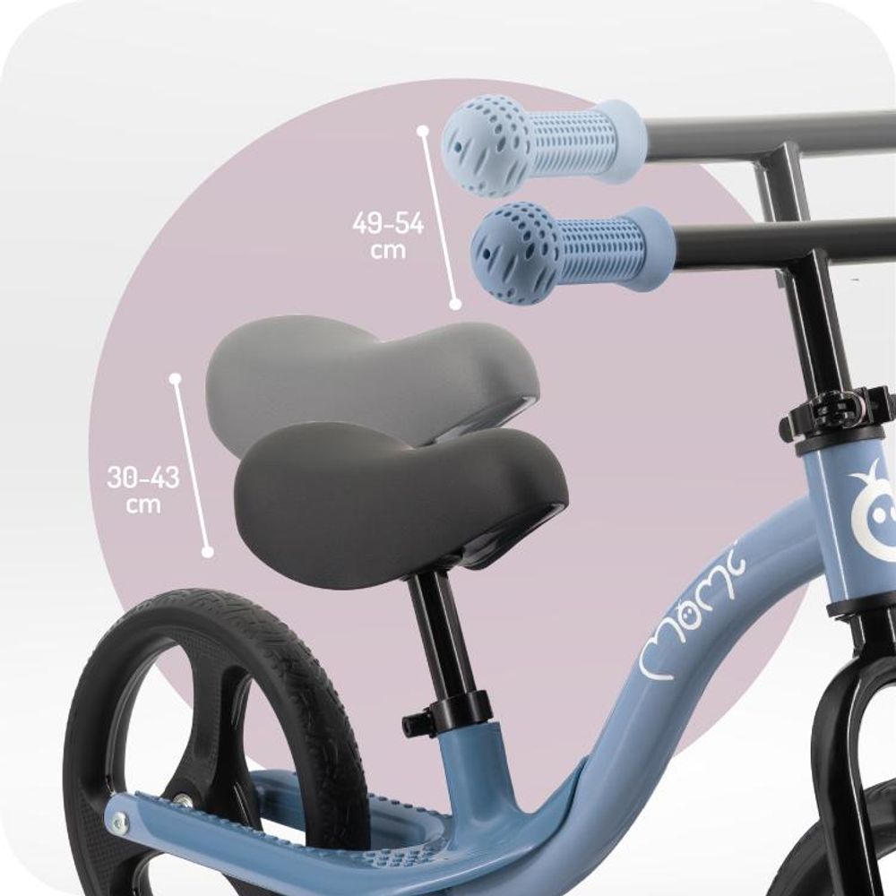 MoMi ISOKA – 10 Zoll Laufrad mit LED-Leuchten (Dynamo), höhenverstellbar ohne Werkzeug, mit Fußstütze, ab 2 Jahren, bis 35 kg – Blau