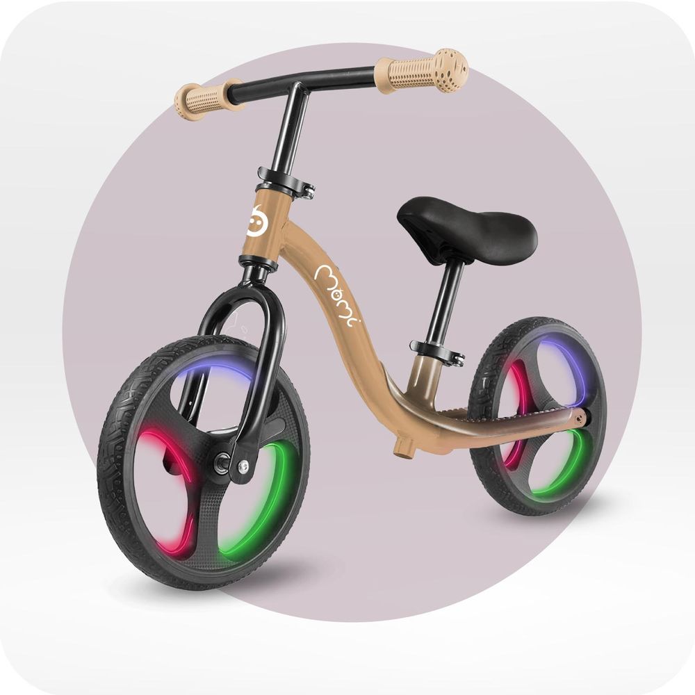 MoMi ISOKA – 10 Zoll Laufrad mit LED-Leuchten (Dynamo), höhenverstellbar ohne Werkzeug, mit Fußstütze, ab 2 Jahren, bis 35 kg – Beige