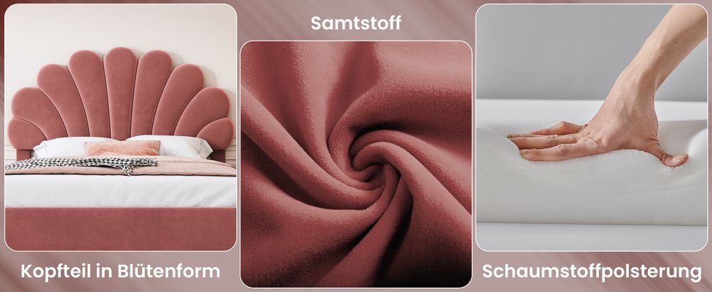 okwish Jugendbett Boxspringbett Polsterbett 140 x 200 cm mit verstellbares Kopfteil in geblümtemform und Lattenrost, Hydraulisches Stauraumbett mit Bettkasten Stauraum(Ohne Matratze)- Rosa