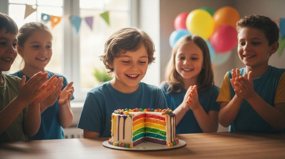 Kinder mit Rainbow Cake Geburtstagstorte mit Fondant